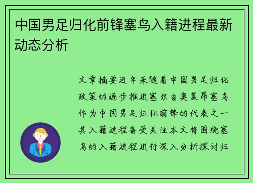 中国男足归化前锋塞鸟入籍进程最新动态分析