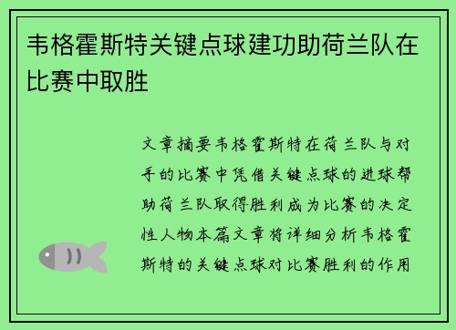 韦格霍斯特关键点球建功助荷兰队在比赛中取胜